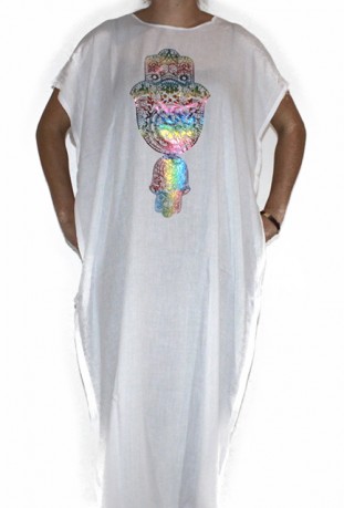 Djellaba femme blanc main de fatma arc en ciel