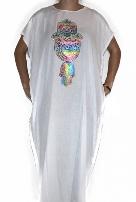 Djellaba femme blanc main de fatma arc en ciel