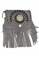 Gray suede leather handbag with fringes