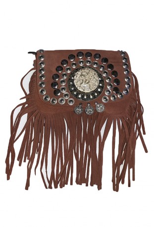 Gray suede leather handbag with fringes