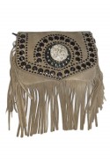 Beige suede leather handbag with fringes