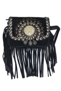 Black suede leather handbag with fringes