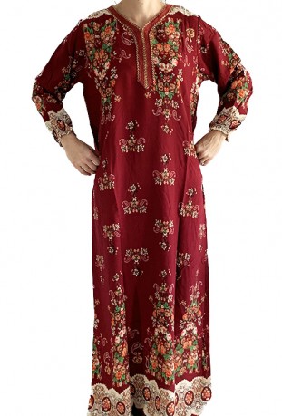 Burgundy Djellaba with long sleeves flowers