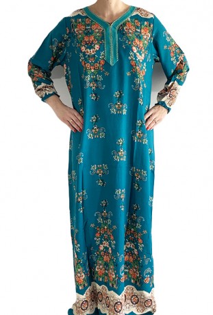 Blue Djellaba with long sleeves flowers