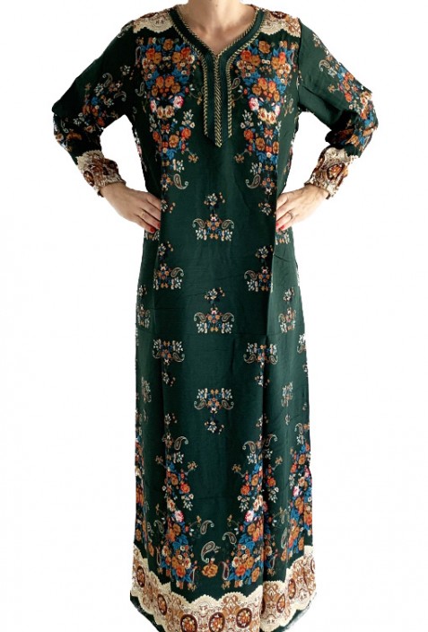 Green Djellaba with long sleeves flowers