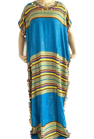Djellaba woman light blue and gold with pompoms