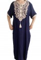 Djellaba woman night blue white embroidery and pearls