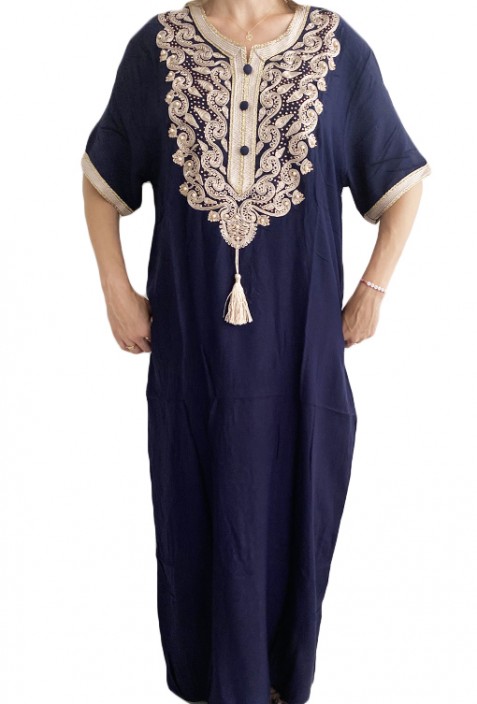 Djellaba femme bleu nuit broderies blanches et perles