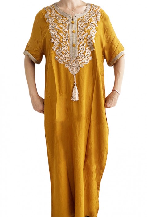 Djellaba femme jaune broderies blanches et perles