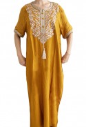 Djellaba woman yellow white embroidery and pearls