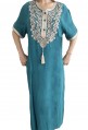 Chilaba mujer azul turquesa bordado blanco y perlas