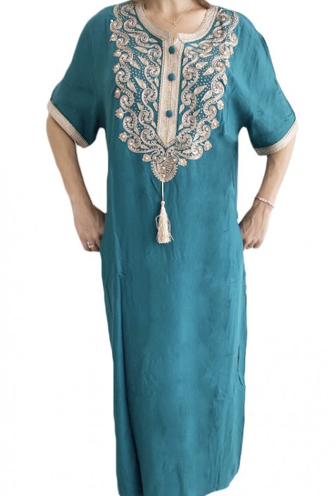 Djellaba woman turquoise blue white embroidery and pearls