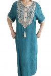 Djellaba femme bleue turquoise broderies blanches et perles