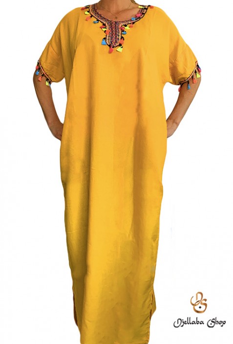Yellow woman djellaba with kaftan pompoms