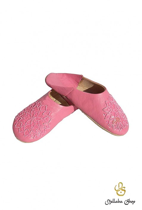 Babouches enfant cuir rose et perles