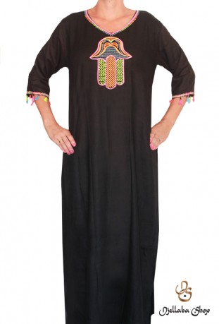 Djellaba femme noire main de fatma brodée