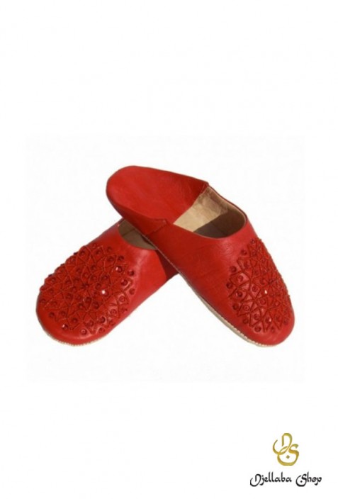 Babouches enfant cuir rouge et perles rubis